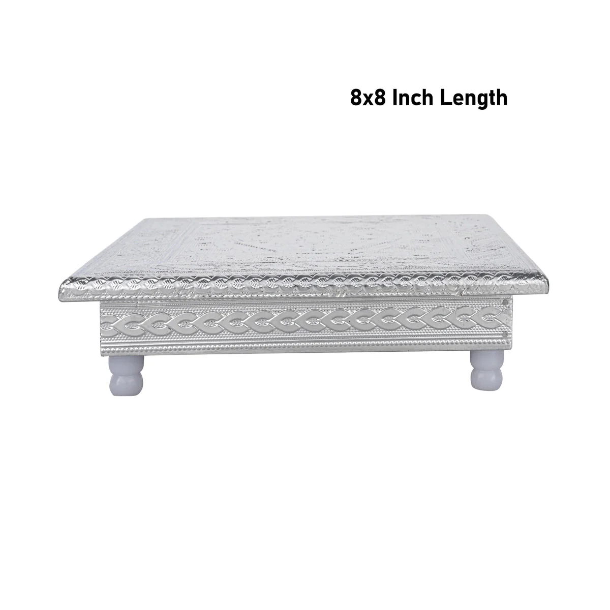 Pooja Chowki With Base - 2.25 x 8 x 8 Inches | Silver Polish Patla/ Wooden Bajot For Pooja & Deity Placement - Image 4