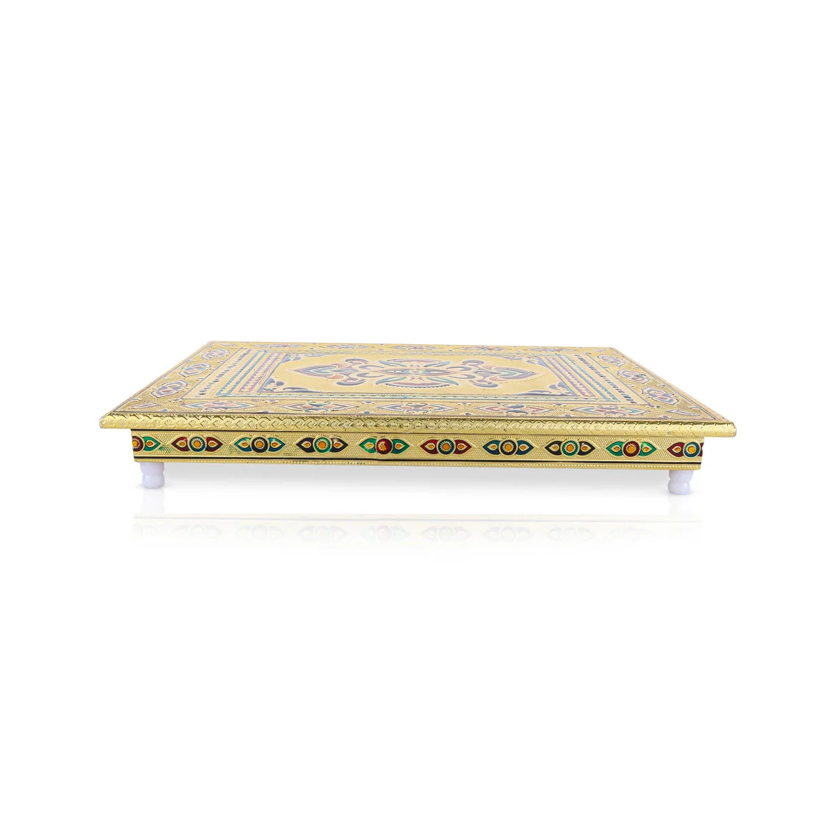 Pooja Chowki With Leg - 2.25 x 10 x 15 Inches | Meenakari Design Patla/ Gold Polish Bajot For Pooja & Deity - Image 2