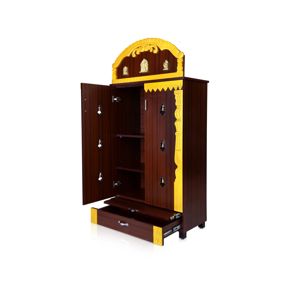 Pooja Mandir With Doors - 62 x 32 Inches | Bell With Leg Puja Stand/ Puja Mandapam/ Wooden Temple for Home - Image 5