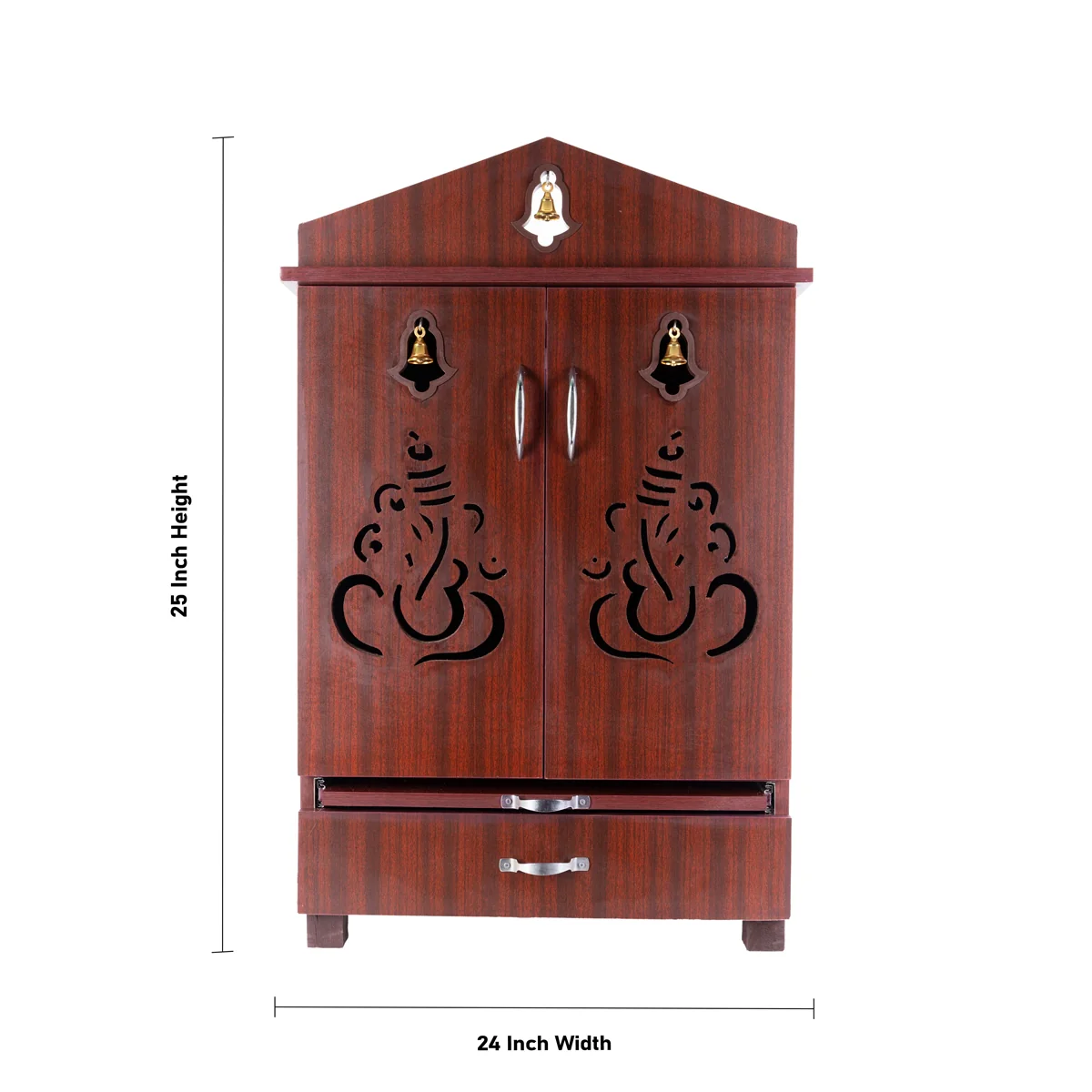 Pooja Mandir With Base | Inner 25X24 Inch, Outer 40X25 Inch | Bell&Ganesh Door Design Wooden Temple/ Puja Stand