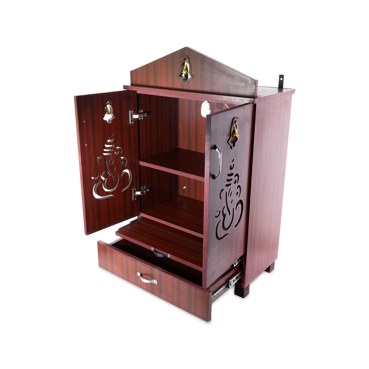 Pooja Mandir With Base | Inner 25X24 Inch, Outer 40X25 Inch | Bell&Ganesh Door Design Wooden Temple/ Puja Stand - Image 3