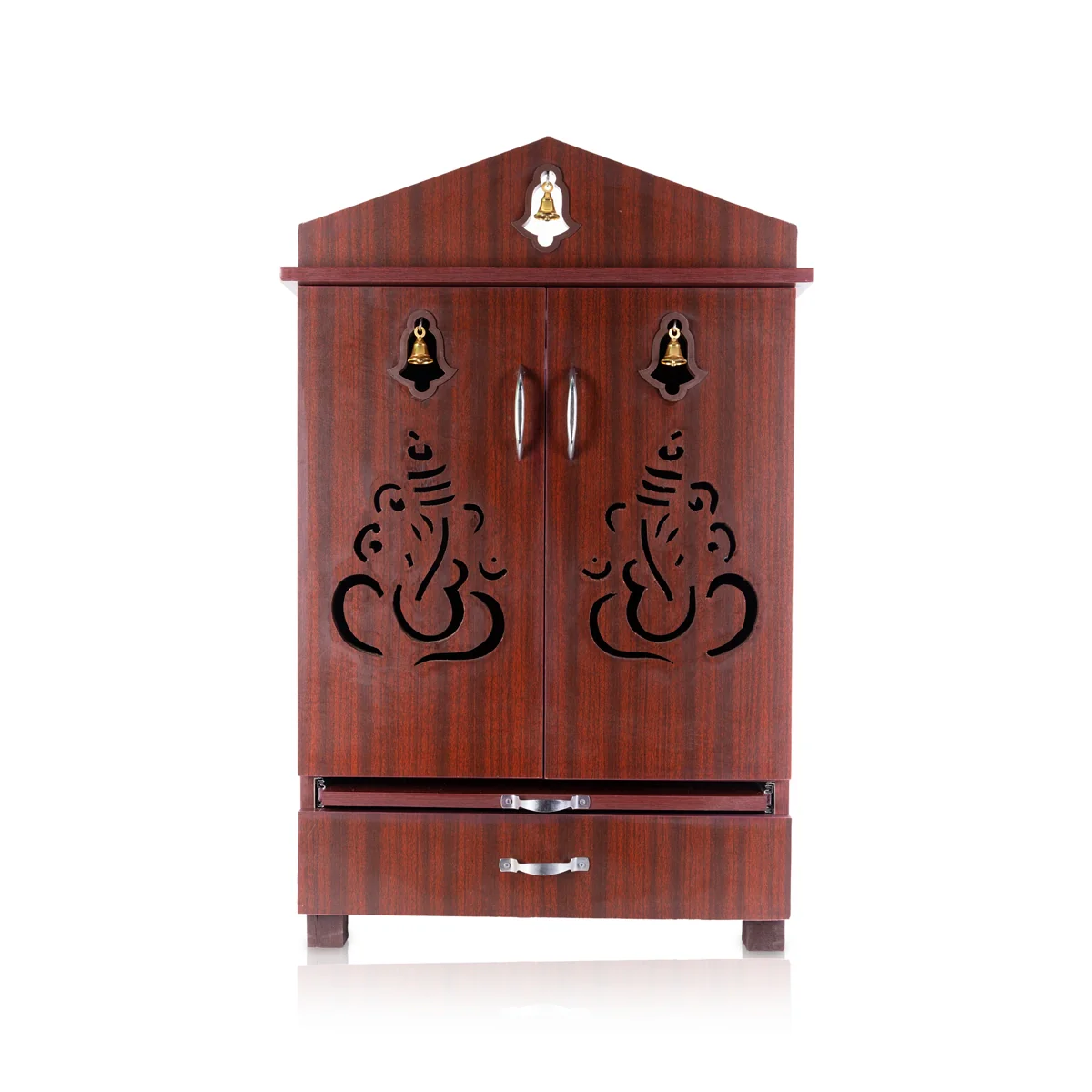 Pooja Mandir With Base | Inner 25X24 Inch, Outer 40X25 Inch | Bell&Ganesh Door Design Wooden Temple/ Puja Stand - Image 4