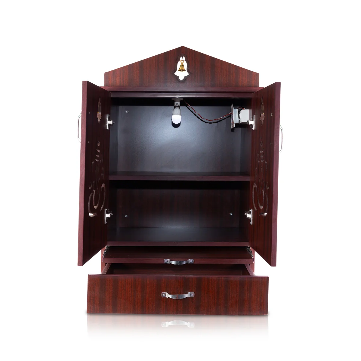 Pooja Mandir With Base | Inner 25X24 Inch, Outer 40X25 Inch | Bell&Ganesh Door Design Wooden Temple/ Puja Stand - Image 6