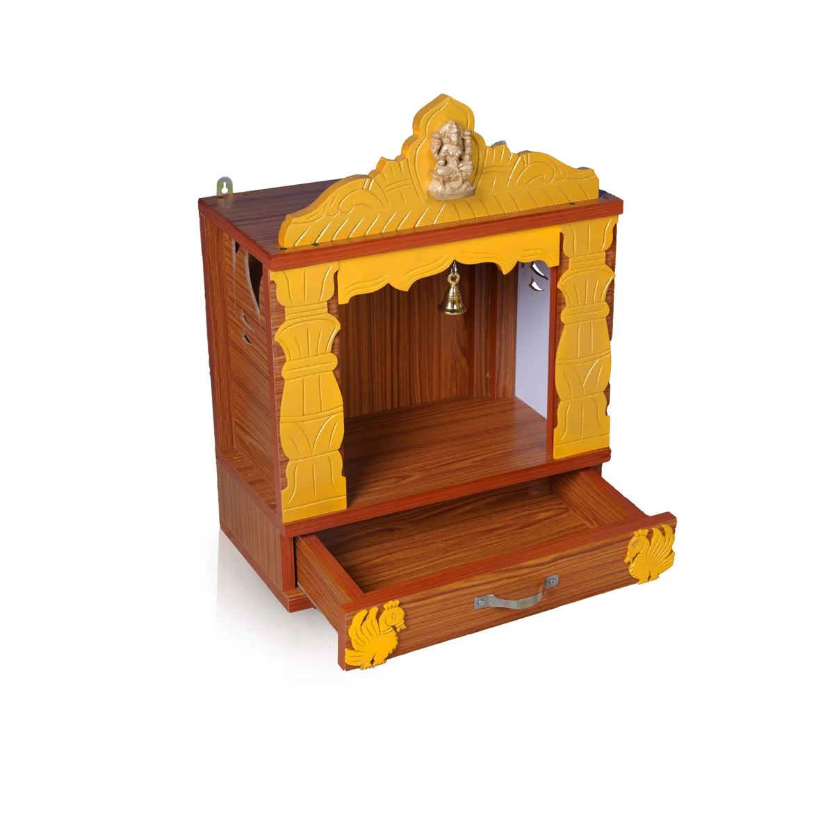 Pooja Mandir With Bell - Inner 12 x 9 Inches, Outer 23 x 17 Inches | Puja Stand/ Open Wooden Temple for Home - Image 4