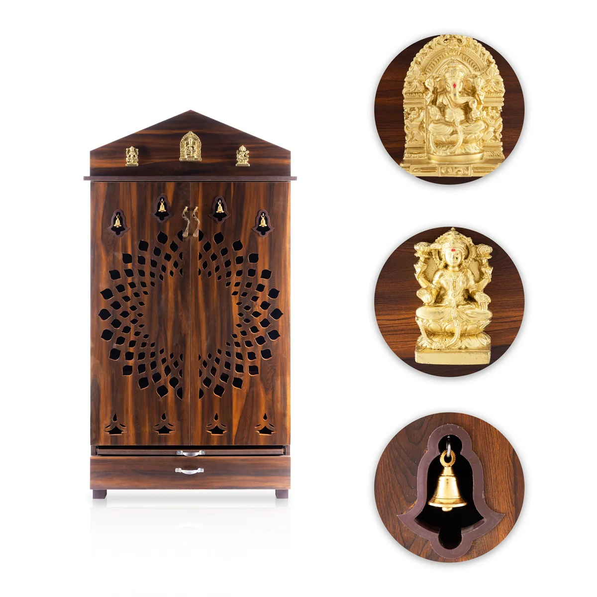 Pooja Mandir With Door | Inner 41 X 30 Inch/ Outer 62 X 32 Inch/ Puja Stand With Bell/ Wooden Temple For Home