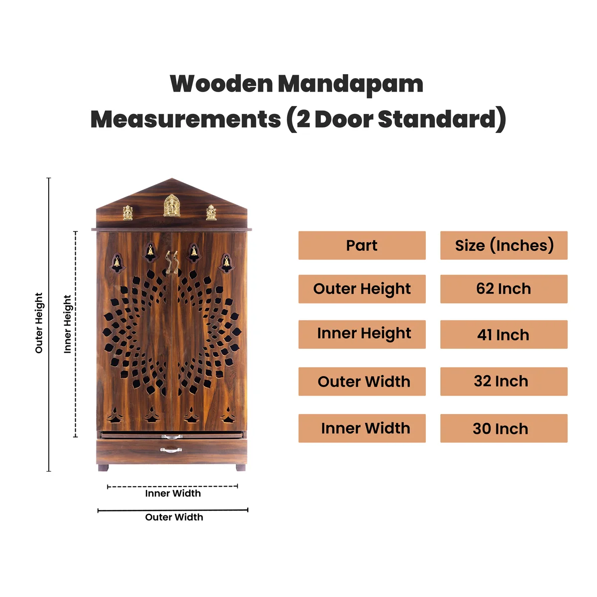Pooja Mandir With Door | Inner 41 X 30 Inch/ Outer 62 X 32 Inch/ Puja Stand With Bell/ Wooden Temple For Home - Image 6