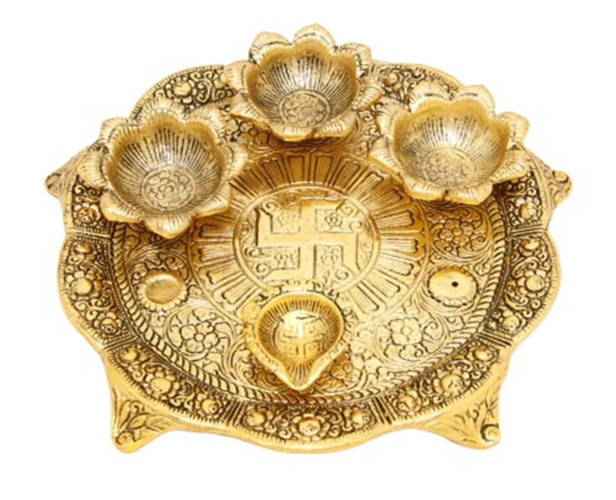 Pooja Thali with 4 Deep - 1 x 7.5 Inches | Aluminium 4 Lamp Thali Plate/ Gold Polish Diya Plate for Pooja - Image 2