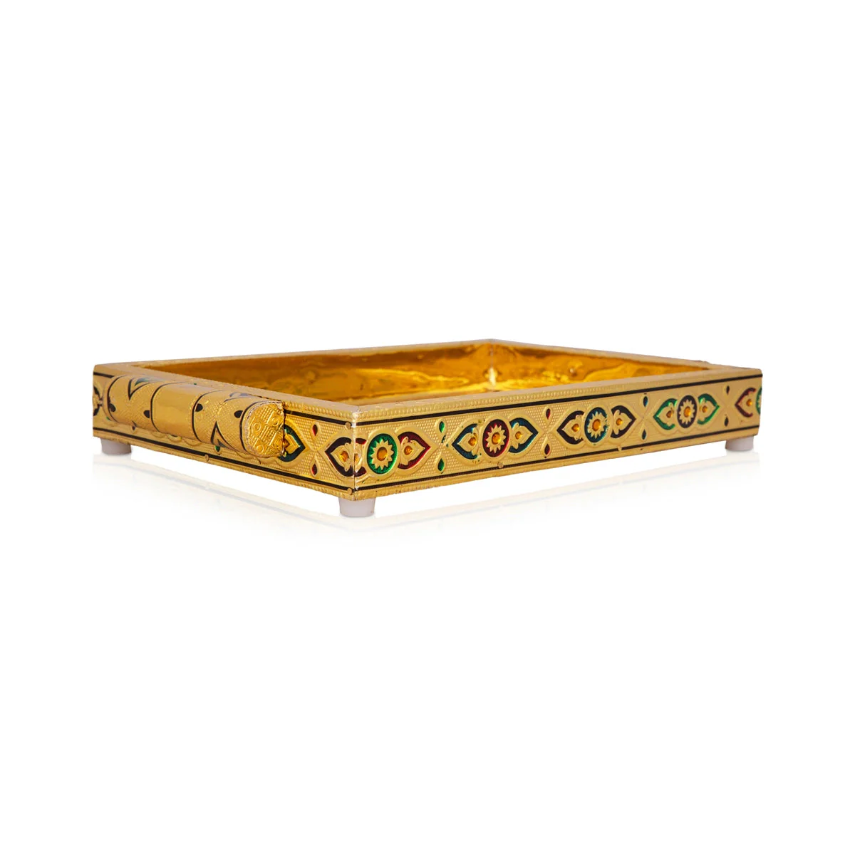 Pooja Tray - 7 x 10 Inches | Wooden Plate/ Gold Polish Thali Plate/ Meenakari Design Pooja Plate for Home - Image 2