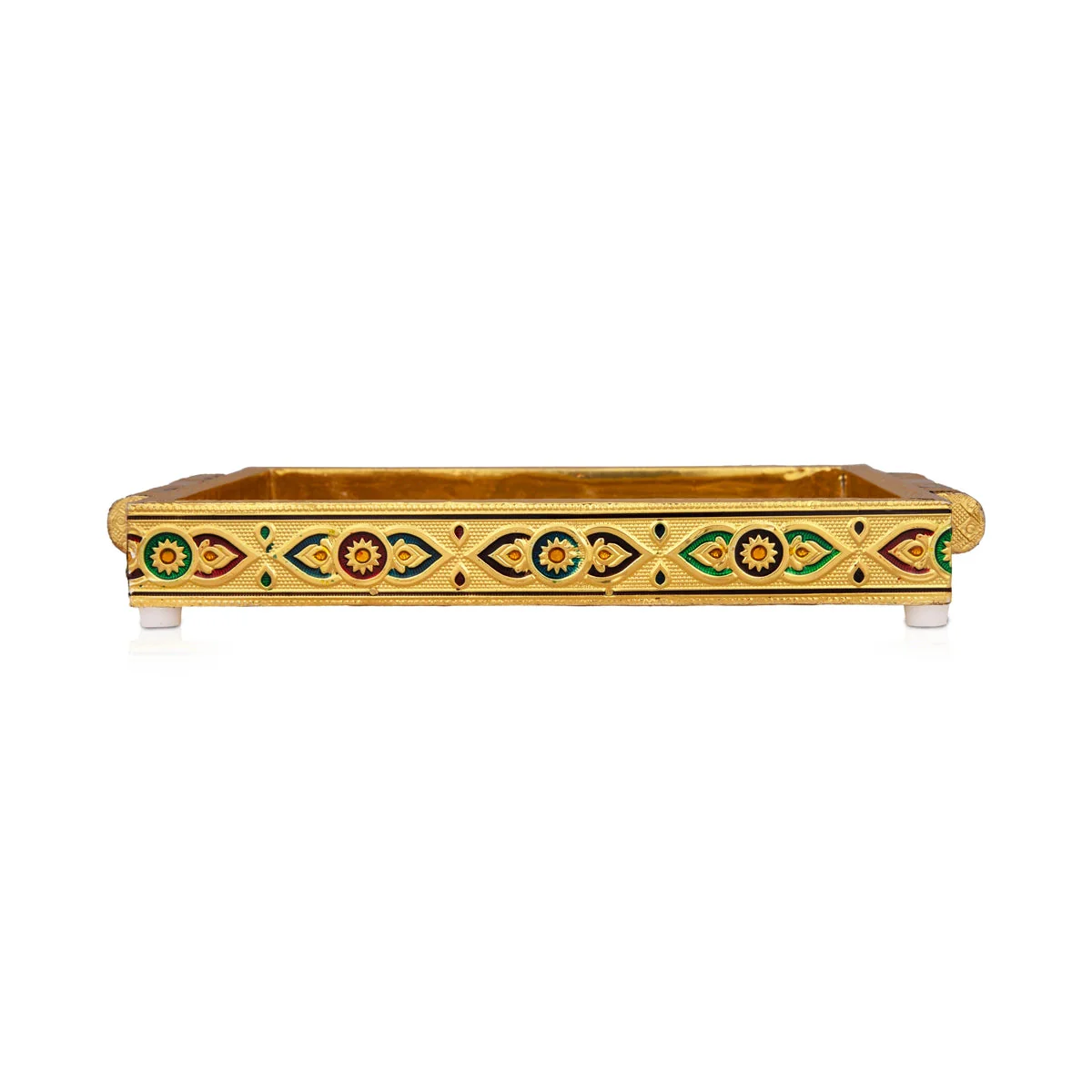 Pooja Tray - 7 x 10 Inches | Wooden Plate/ Gold Polish Thali Plate/ Meenakari Design Pooja Plate for Home - Image 3