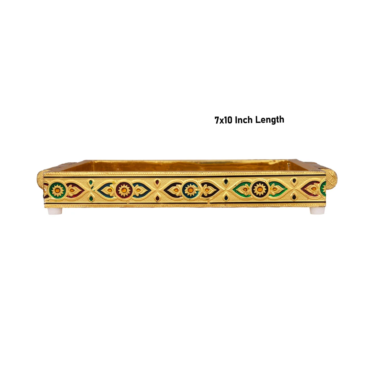 Pooja Tray - 7 x 10 Inches | Wooden Plate/ Gold Polish Thali Plate/ Meenakari Design Pooja Plate for Home - Image 4