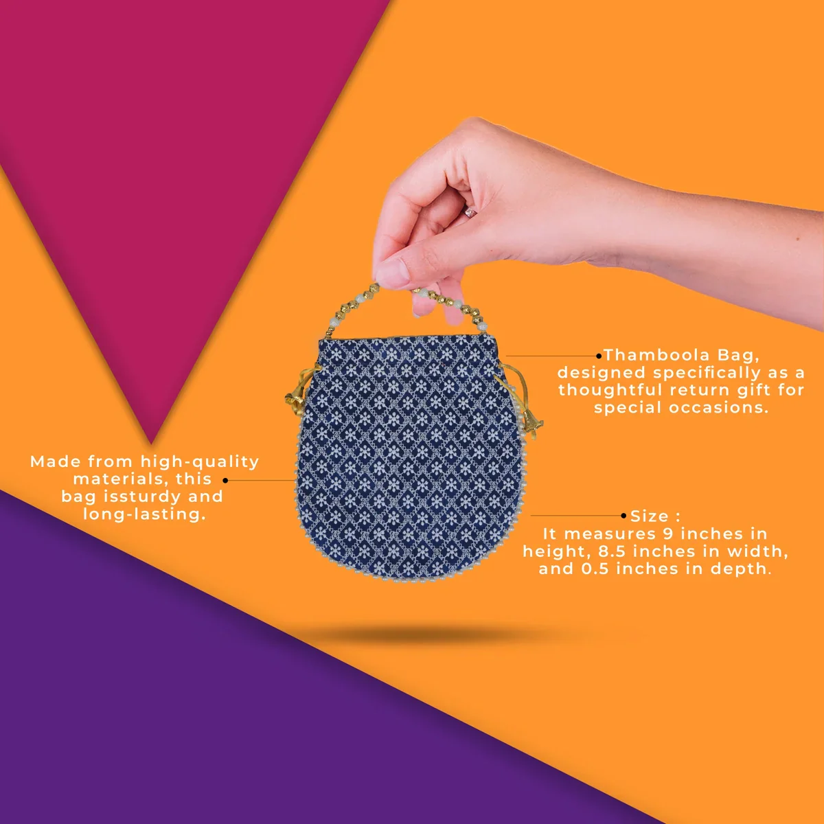 Potli Bag - 9 x 8.5 Inches | Tambula Bag/ Embroidery Thamboola Bag for Return Gifts - Image 4