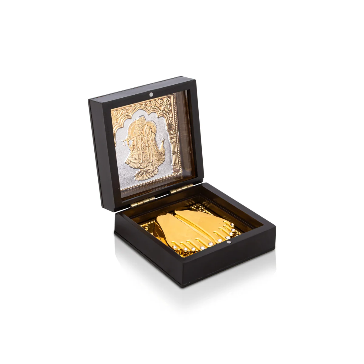 Radha Krishna Pooja Box- 3.05 x 3.05 x 1.5 Inches | Gold Polish Puja Box/ Charan Paduka Box For Gifting & Home - Image 6