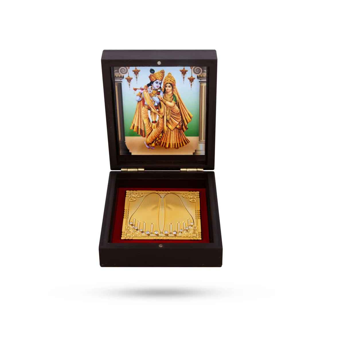 Radha Krishna Murti Design Pooja Box - 1.5 X 3.5 X 4.5 Inches | Puja Box/ Charan Paduka Box For Pooja & Gifting