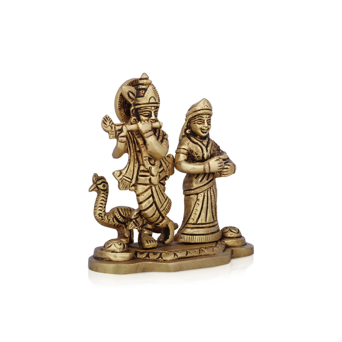 Radha Krishna Statue With Peacock - 4 x 4.5 Inches | Antique Brass Idol/ Standing Radha Krishna Murti for Pooja - Image 2