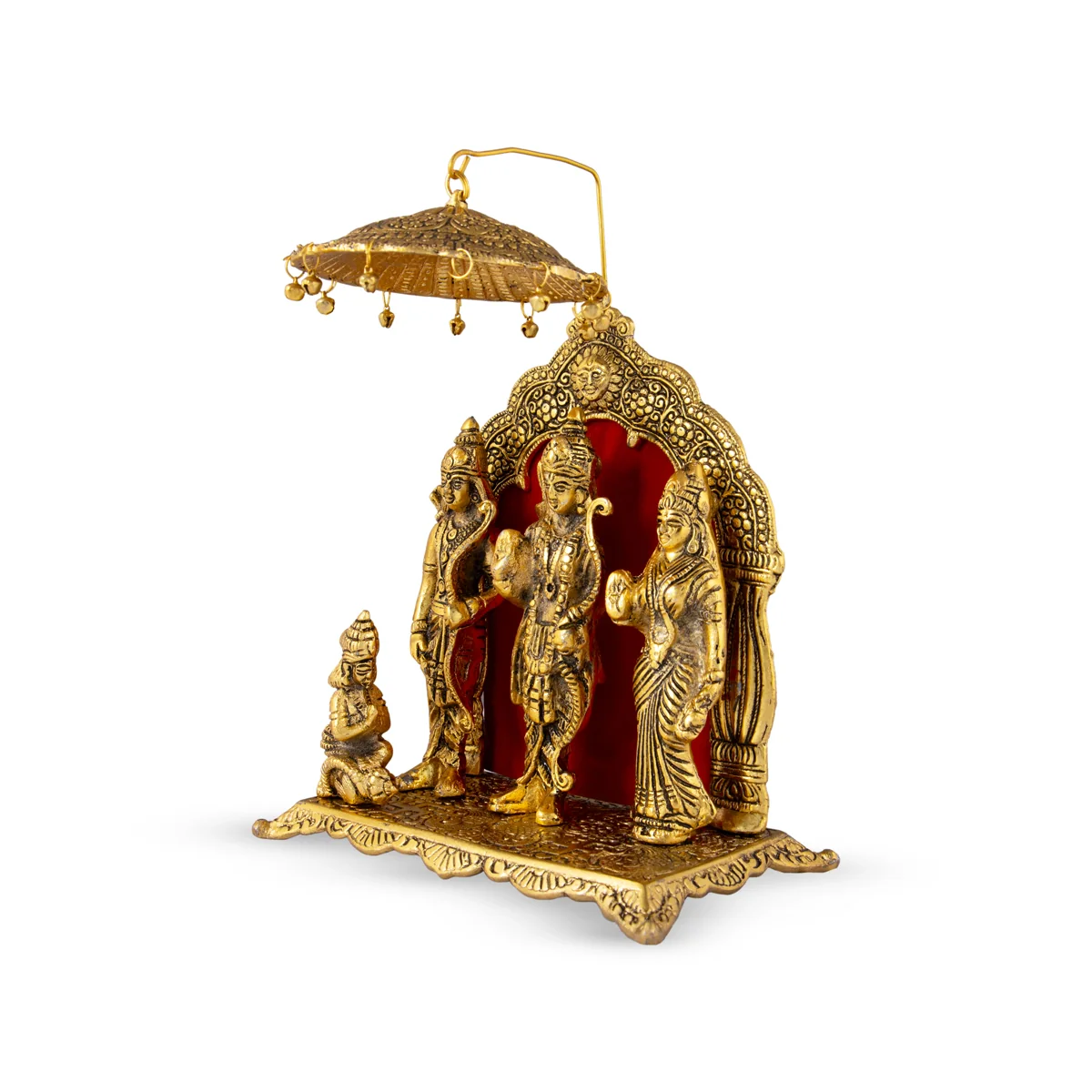 Ram Darbar Murti With Arch - 12 x 8 Inches | Aluminium/ Gold Polish Ram Darbar Idol With Umbrella for Pooja - Image 2