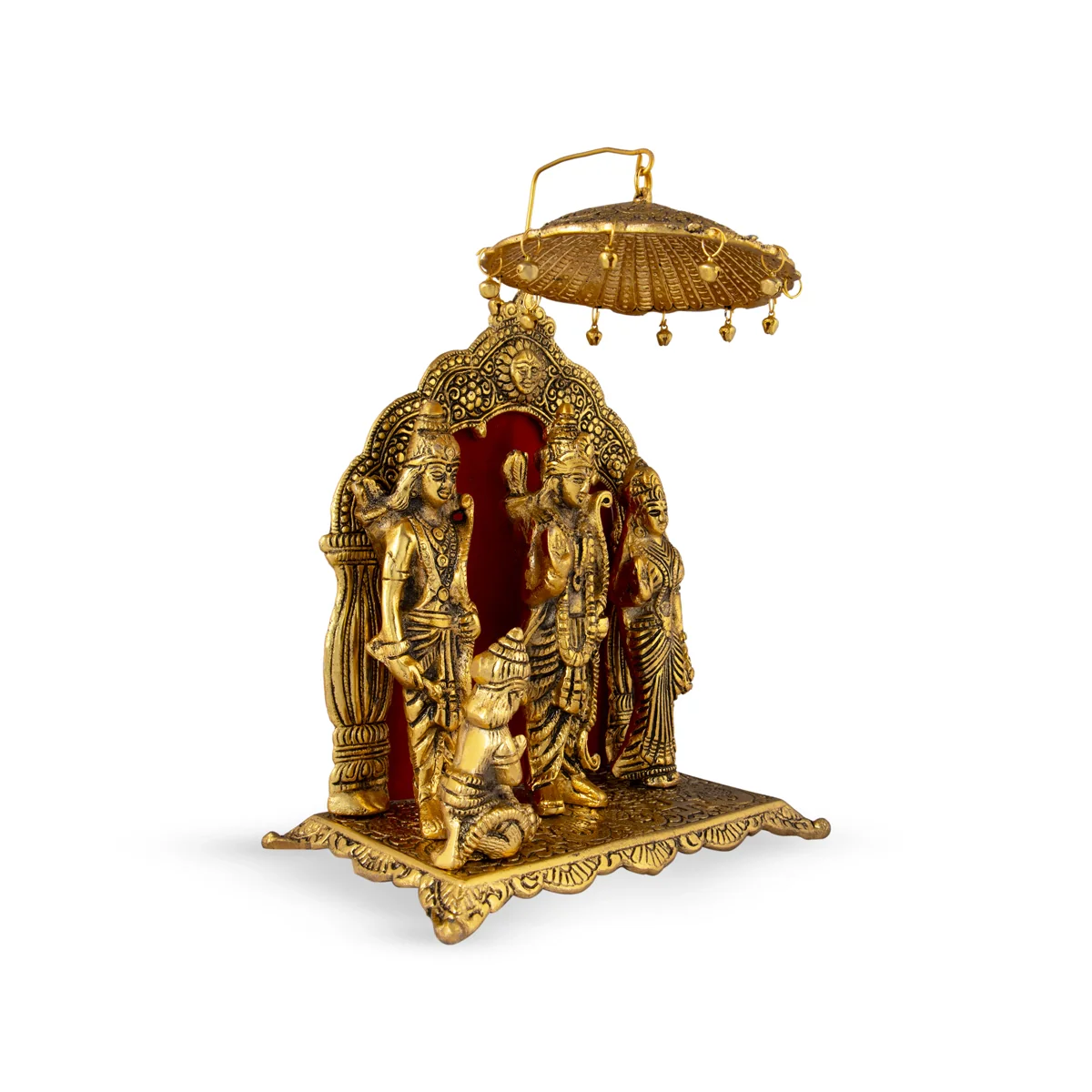 Ram Darbar Murti With Arch - 12 x 8 Inches | Aluminium/ Gold Polish Ram Darbar Idol With Umbrella for Pooja - Image 3