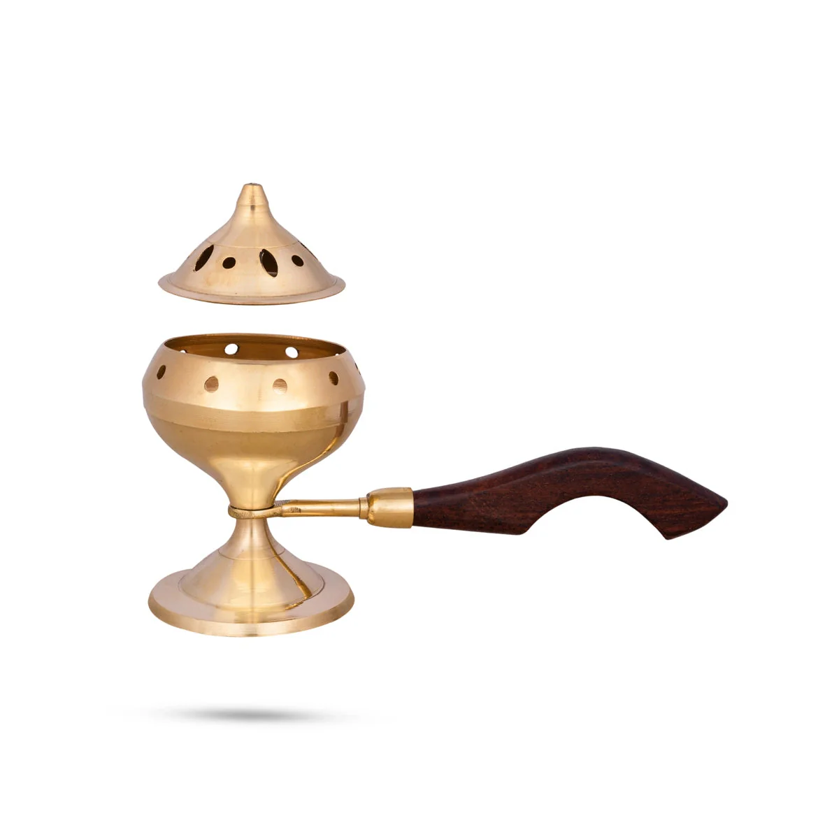 Sambrani Holder With Wooden Handle - 5 x 8 Inches | Brass Dhoop Stand With Lid/ Sambrani Stand for Pooja - Image 3