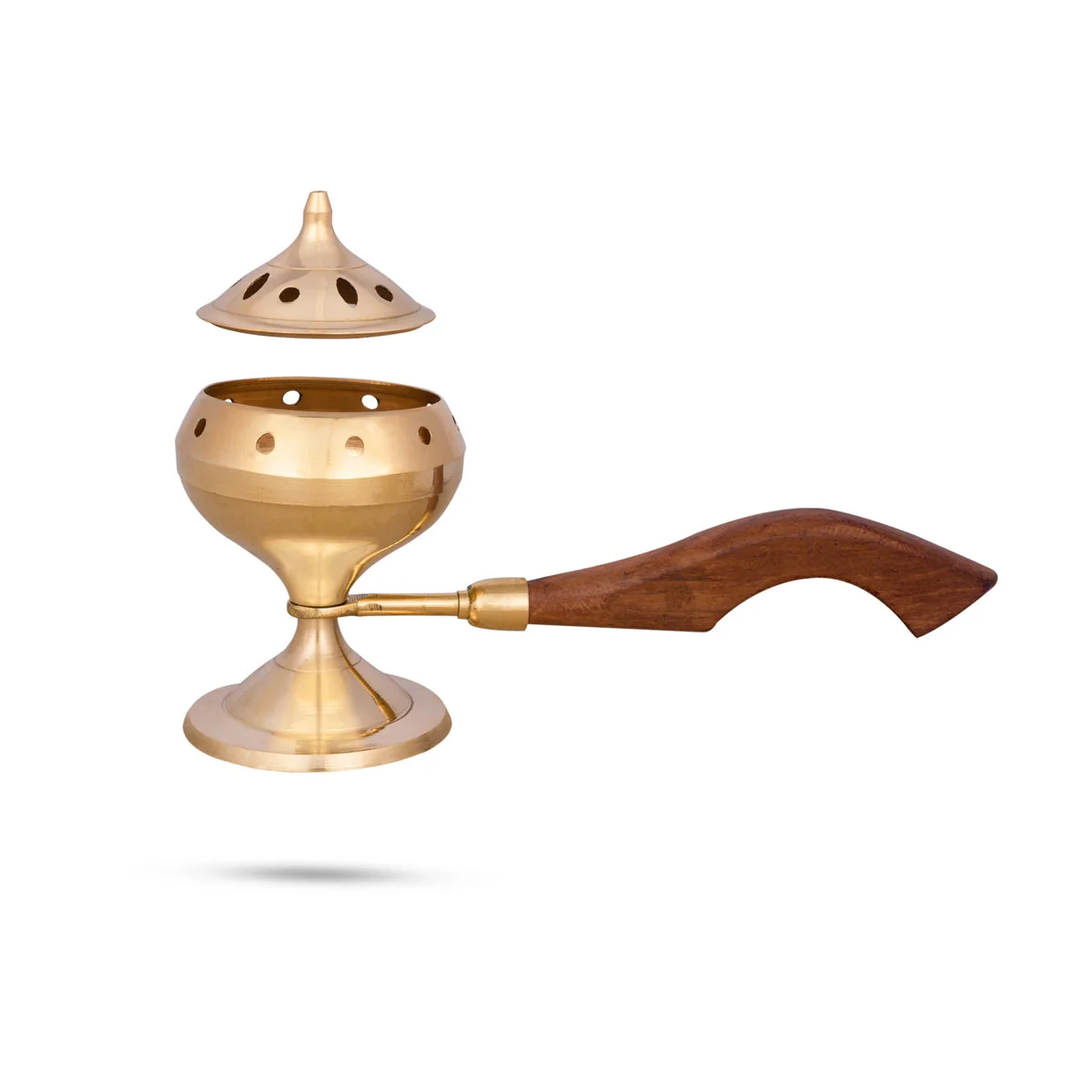 Sambrani Holder With Wooden Handle - 6 x 9 Inches | Brass Dhoop Stand With Lid/ Sambrani Stand for Pooja - Image 3