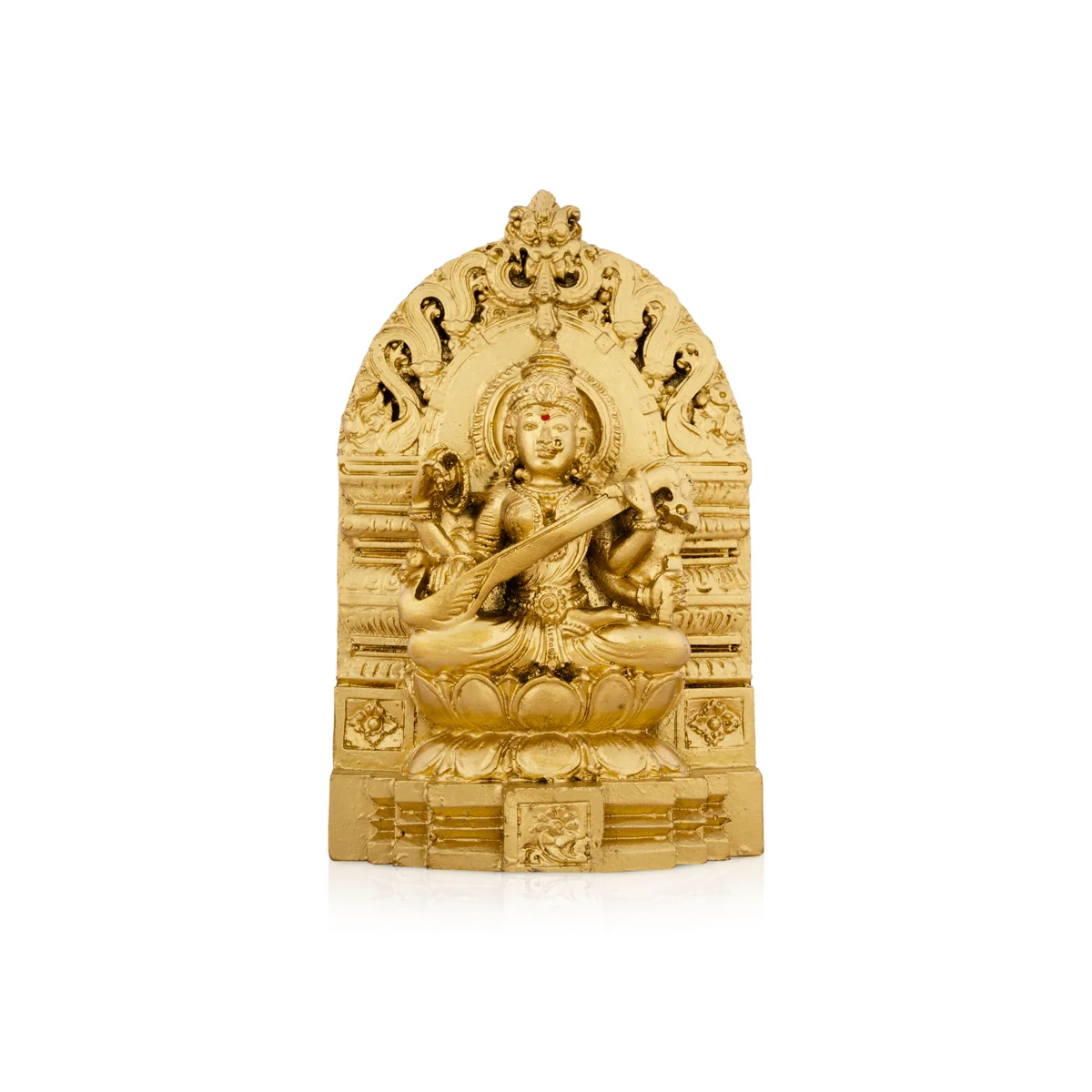 Saraswati Murti With Arch - 6 x 4 Inches | Resin Statue/ Gold Polish Saraswati Idol for Pooja/ 500 Gms Approx - Image 2
