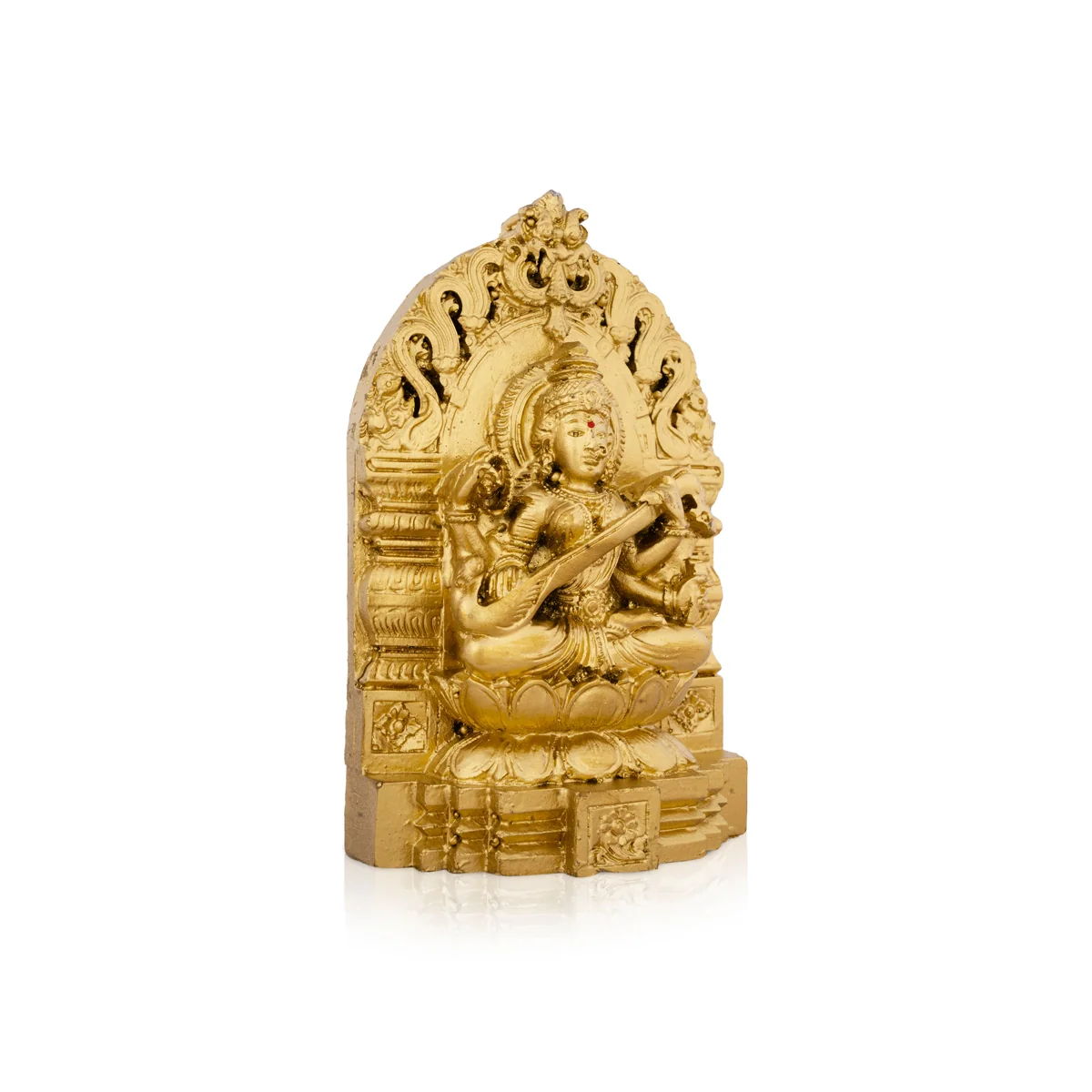 Saraswati Murti With Arch - 6 x 4 Inches | Resin Statue/ Gold Polish Saraswati Idol for Pooja/ 500 Gms Approx - Image 3
