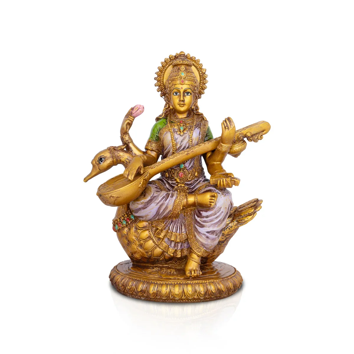 Saraswati Murti - 8.5 x 6 Inches | Saraswati Moorti Sitting On Swan/ Resin Statue for Pooja - Image 2