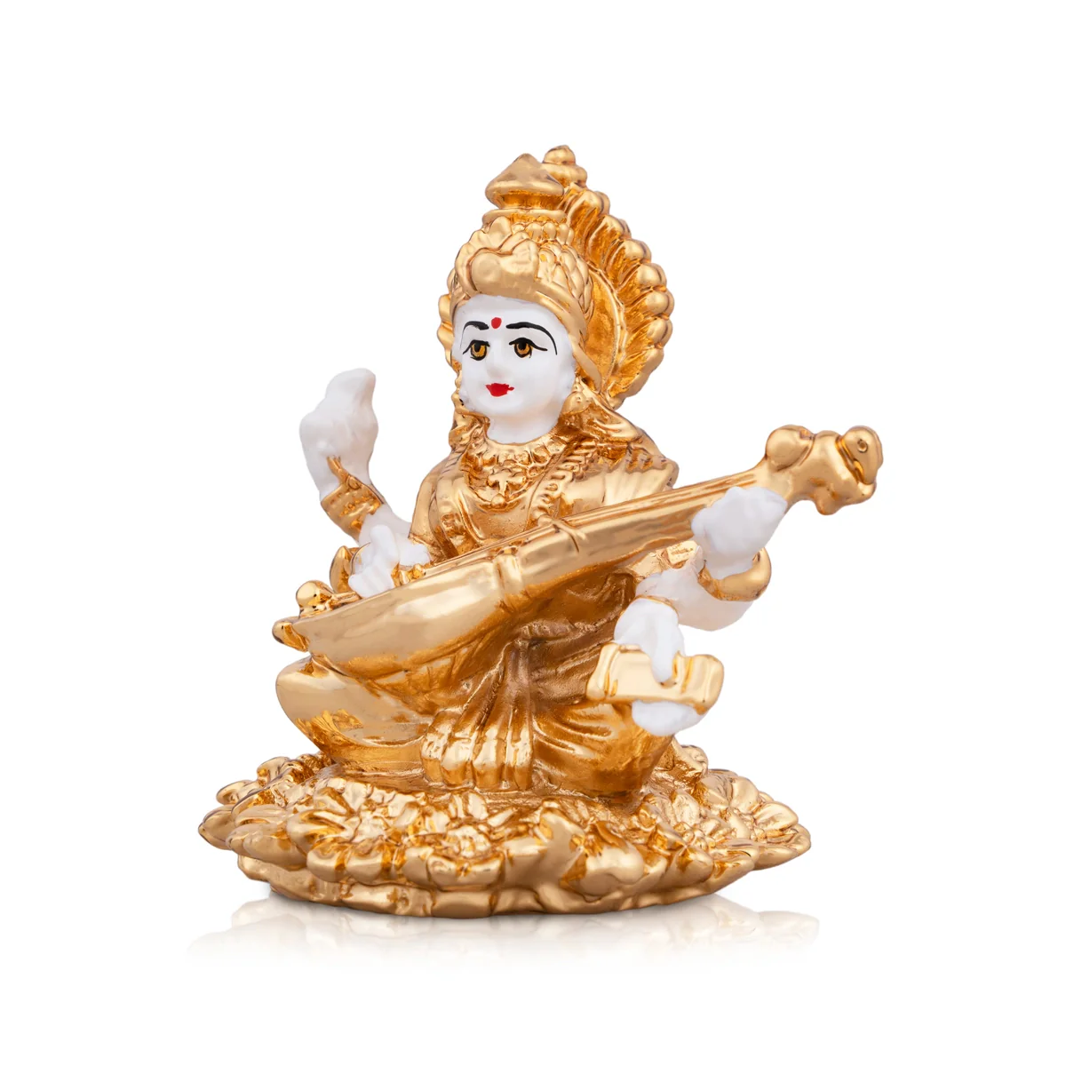 Saraswati Murti Sitting On Flower - 3 x 2.5 Inches | Metal Gold Polish Saraswathy Idol/ Saraswati Moorti for Pooja - Image 3