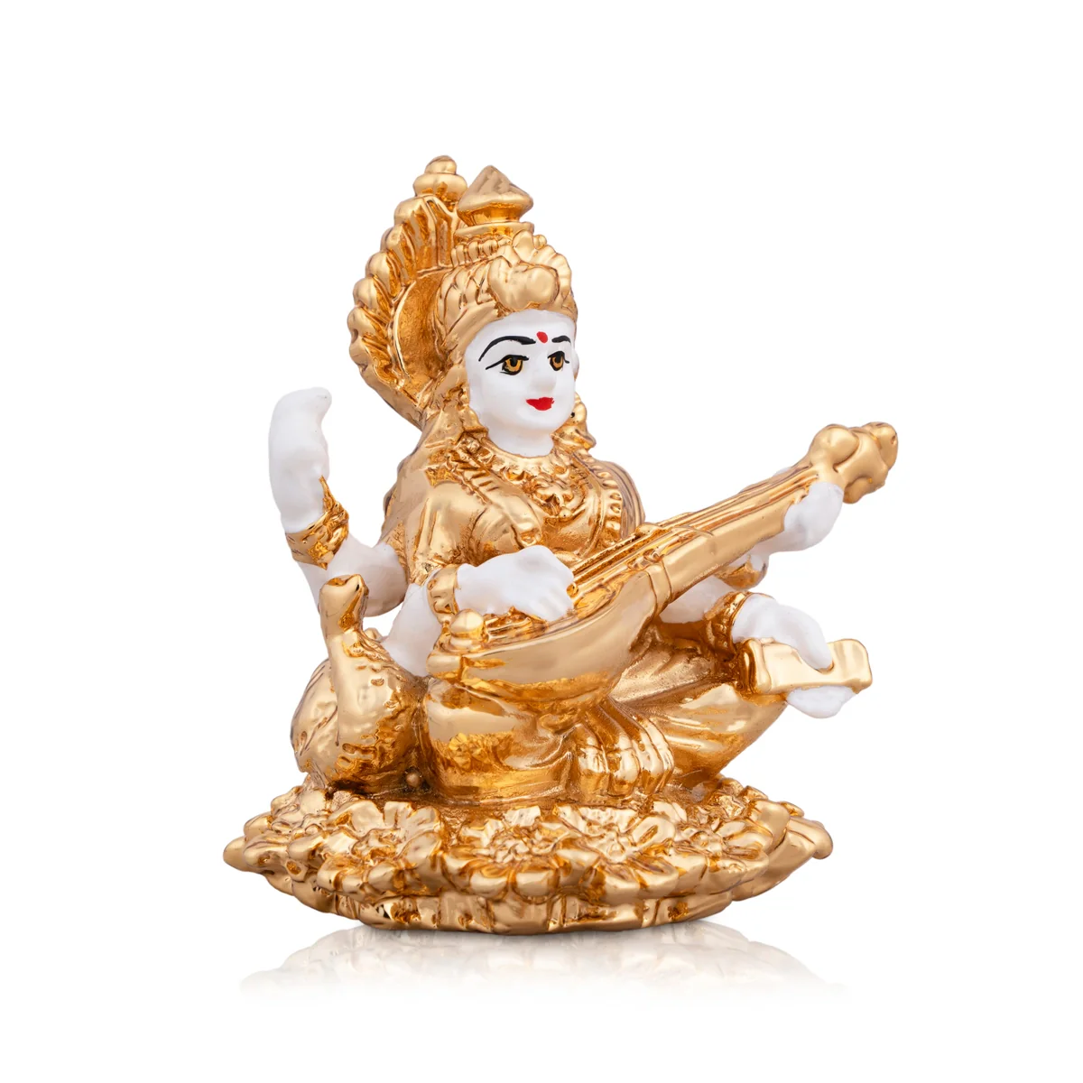 Saraswati Murti Sitting On Flower - 3 x 2.5 Inches | Metal Gold Polish Saraswathy Idol/ Saraswati Moorti for Pooja - Image 4
