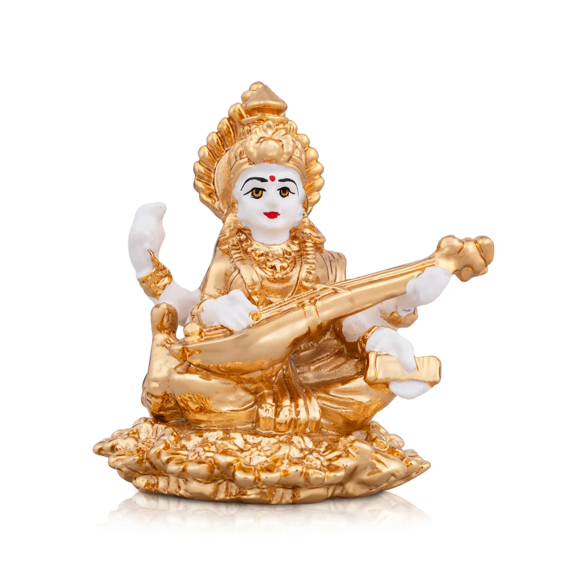 Saraswati Murti Sitting On Flower - 3 x 2.5 Inches | Metal Gold Polish Saraswathy Idol/ Saraswati Moorti for Pooja - Image 5