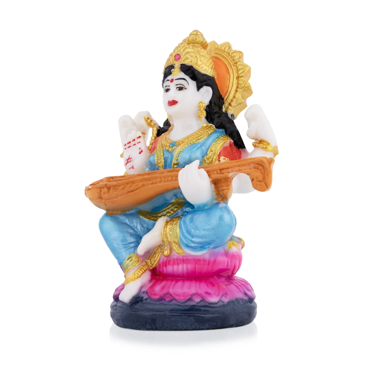 Saraswati Sitting on Lotus Murti - 4.25 x 2.5 Inches | Colorful Saraswati Idol / Vidya Devi Murti For Pooja - Image 2