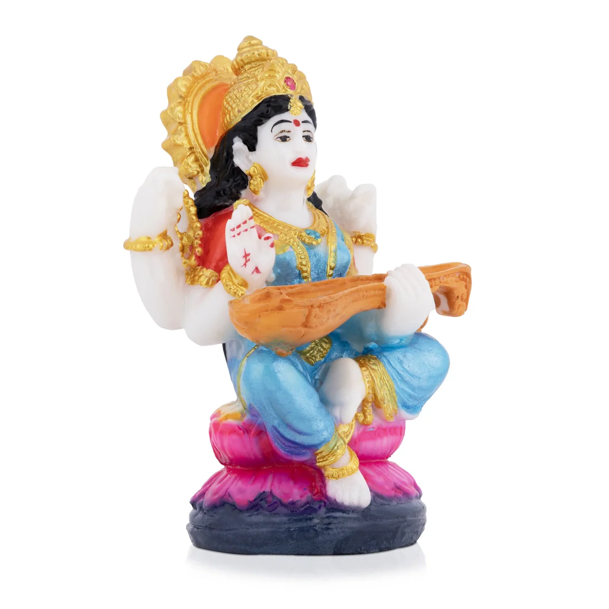 Saraswati Sitting on Lotus Murti - 4.25 x 2.5 Inches | Colorful Saraswati Idol / Vidya Devi Murti For Pooja - Image 3