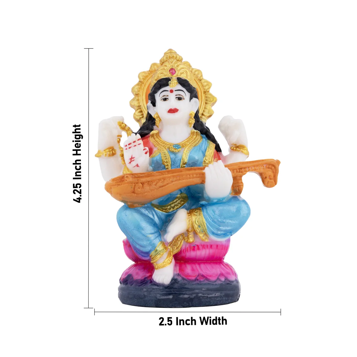 Saraswati Sitting on Lotus Murti - 4.25 x 2.5 Inches | Colorful Saraswati Idol / Vidya Devi Murti For Pooja - Image 4