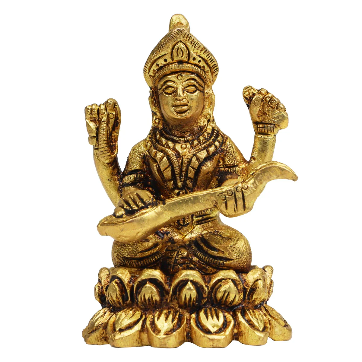 Saraswati Statue - 3 Inches | Saraswathi Statue/ Antique Brass Statue for Pooja/ 250 Gms Approx - Image 3