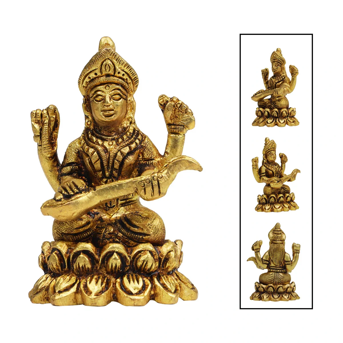 Saraswati Statue - 3 Inches | Saraswathi Statue/ Antique Brass Statue for Pooja/ 250 Gms Approx - Image 5