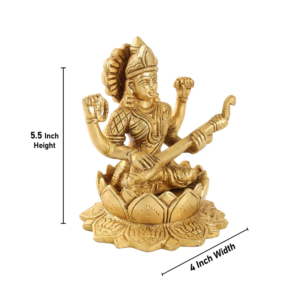 Saraswati Statue Sitting On Lotus Base - 5.5 x 4 Inches | Antique Brass Idol/ Saraswathy Idol for Worship - Image 2