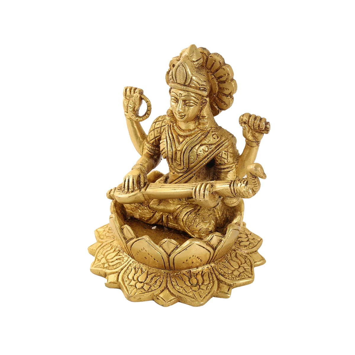 Saraswati Statue Sitting On Lotus Base - 5.5 x 4 Inches | Antique Brass Idol/ Saraswathy Idol for Worship - Image 4