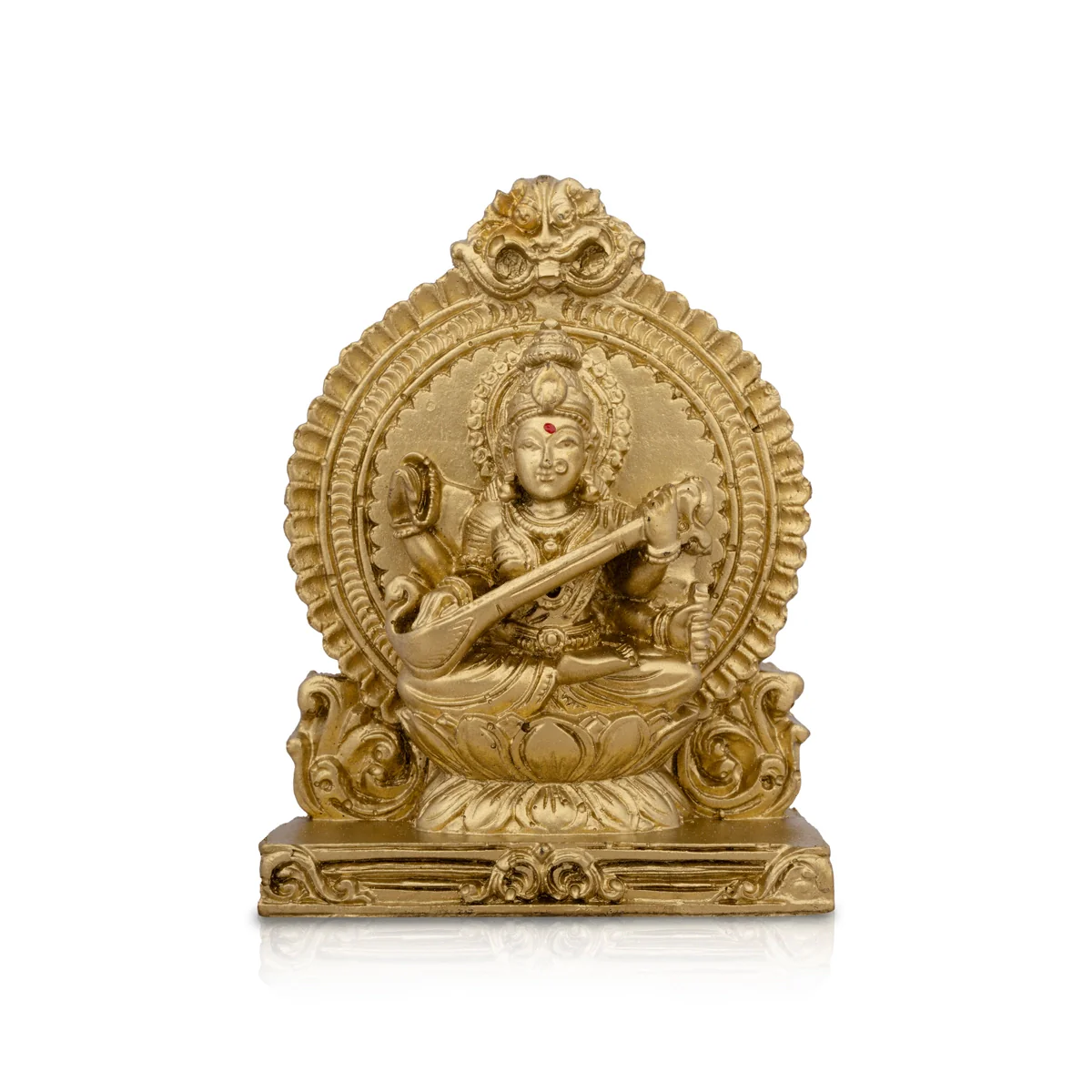 Saraswati Murti With Arch - 4.5 x 3.25 Inches | Resin Statue/ Gold Polish Saraswati Idol for Pooja/ 217 Gms - Image 2