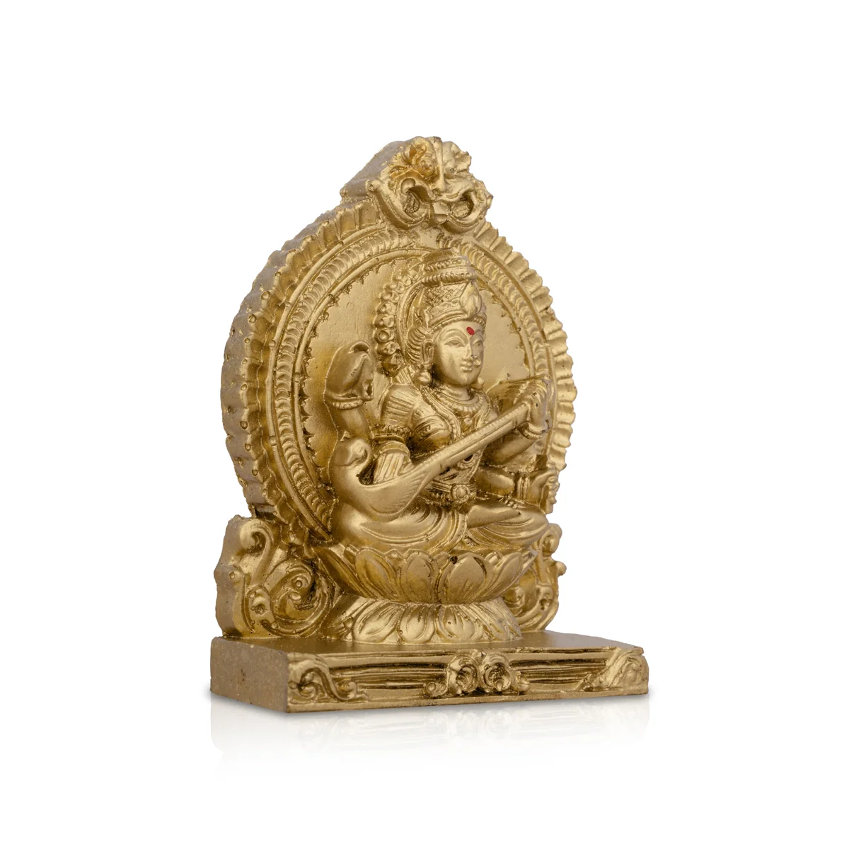 Saraswati Murti With Arch - 4.5 x 3.25 Inches | Resin Statue/ Gold Polish Saraswati Idol for Pooja/ 217 Gms - Image 3