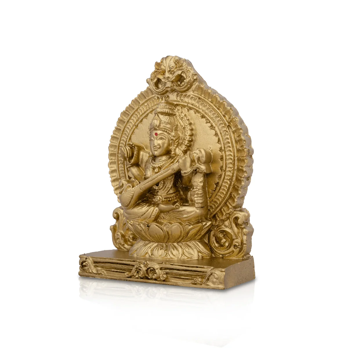 Saraswati Murti With Arch - 4.5 x 3.25 Inches | Resin Statue/ Gold Polish Saraswati Idol for Pooja/ 217 Gms - Image 4