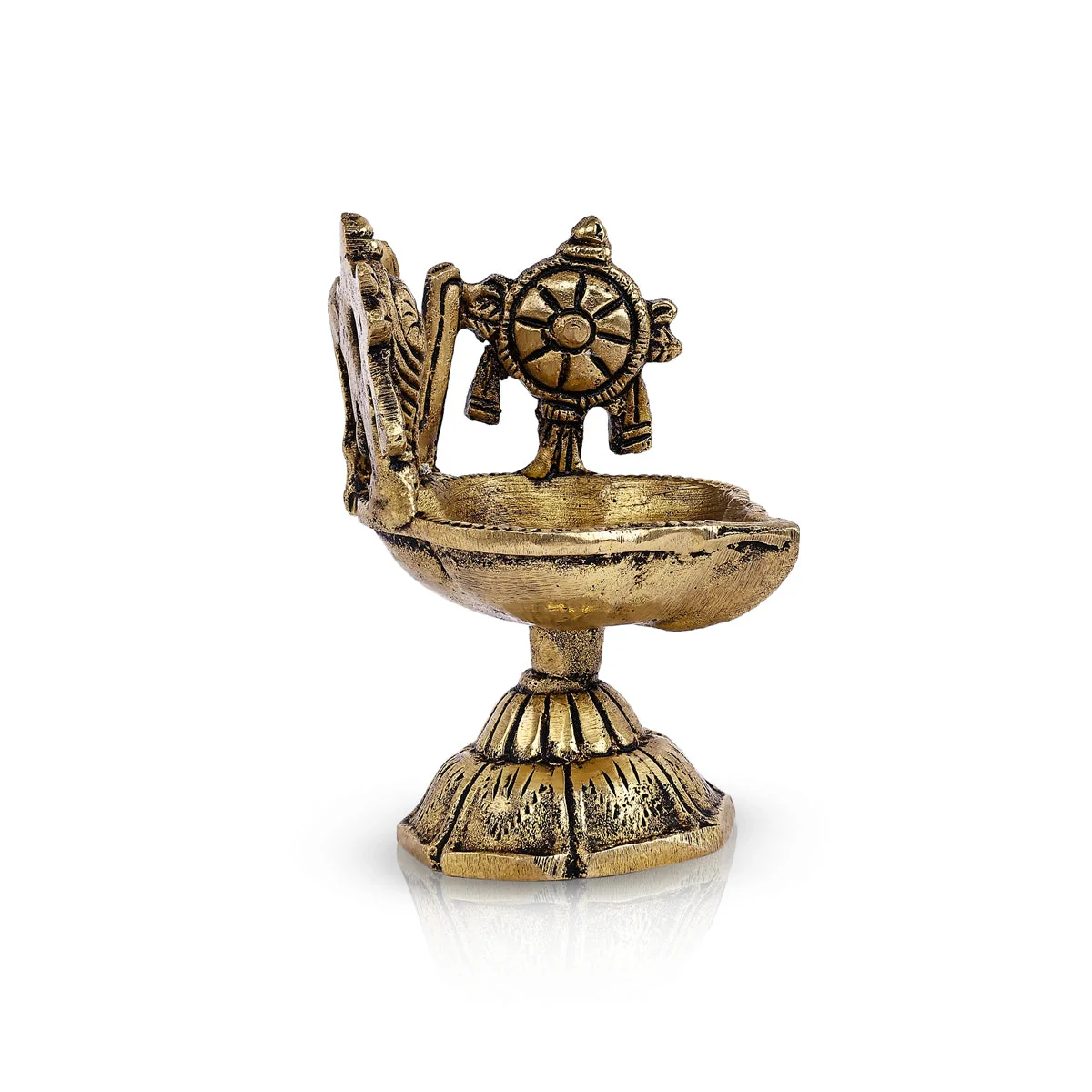 Shankh Chakra Namam Design Brass Lamp- 2.75 X 1.75 Inches | Deepam/ Antique Polish Vilakku With Base For Pooja - Image 3