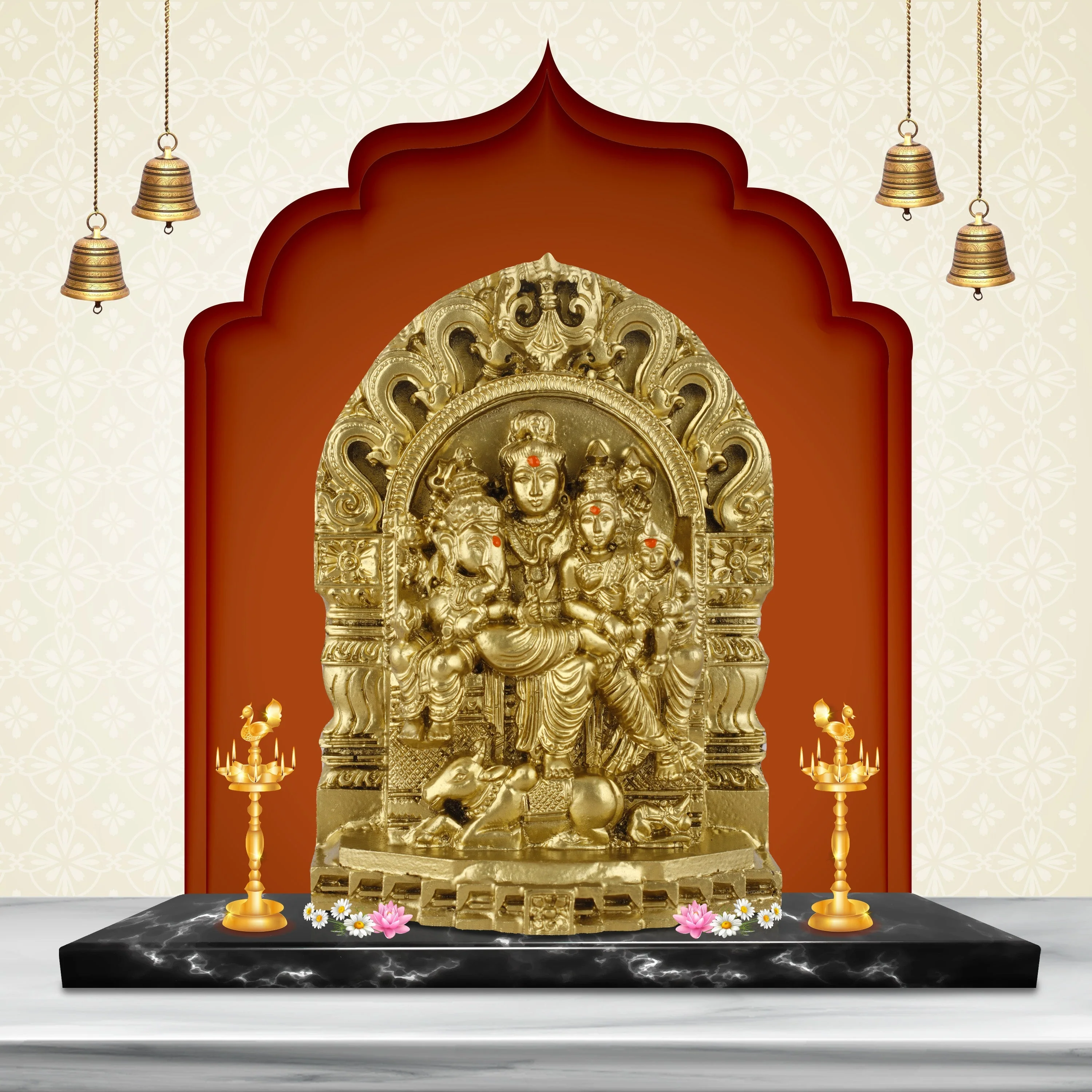 Shivan Family with Arch Idol - 6 Inches | Parvati/ Murugan/ Ganesh/ Siva/ Polyresin Material/ Gold Colour - Image 6