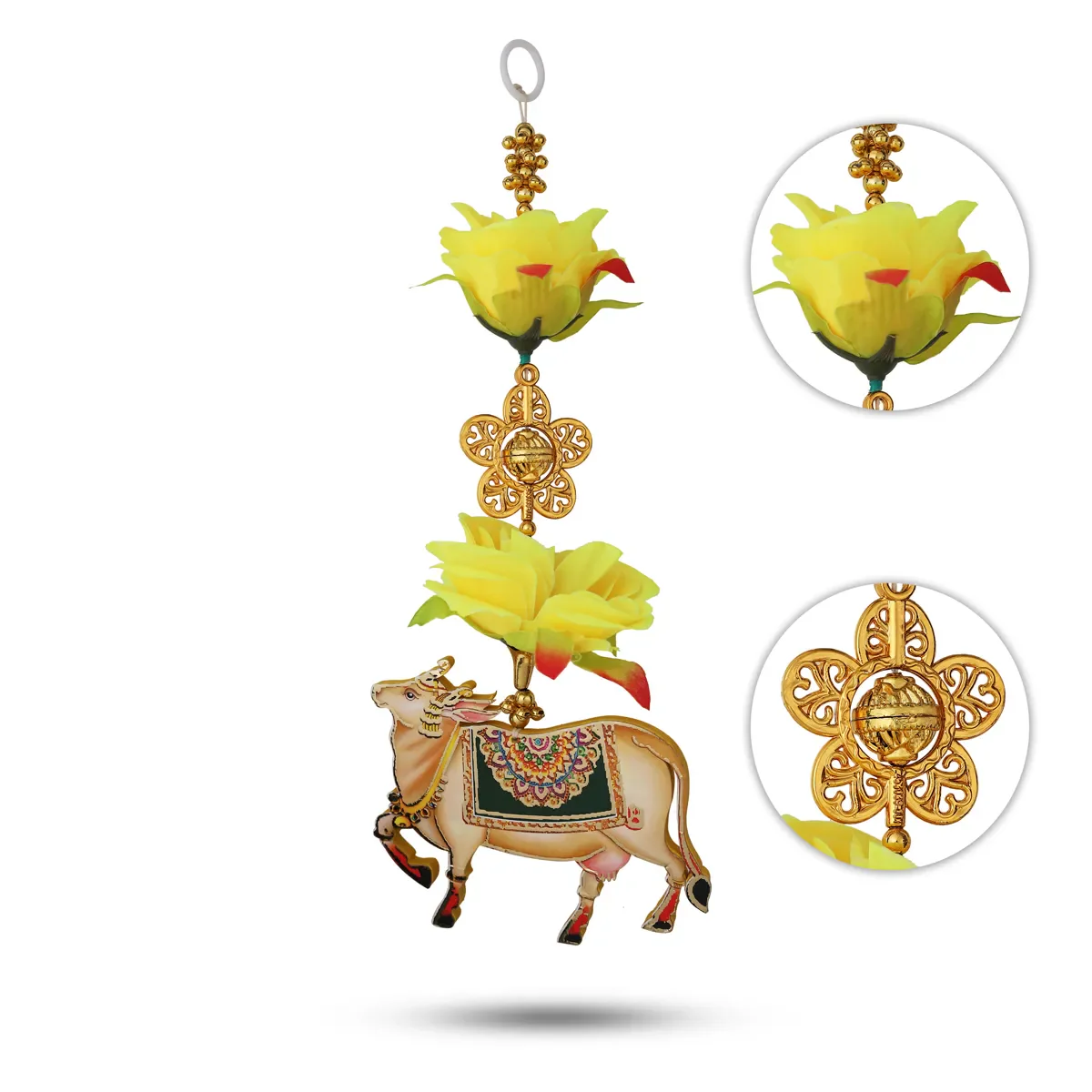 Side Toran Pair - 12 Inches | Kamadhenu Motif Thoran/ Floral Hanging Bandanwar For Pooja Decor - Image 3