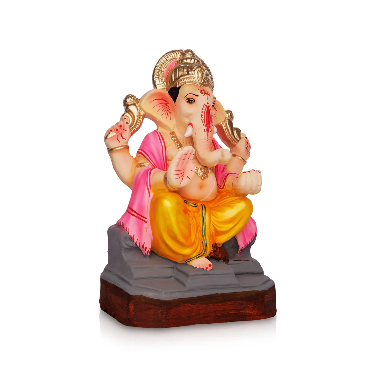 Sitting Ganesh Murti- 12 x 6.5 Inches | Clay Sculpture/ Left Trunk Vinayaka Statue With Crown/Ganapati Chaturthi - Image 3
