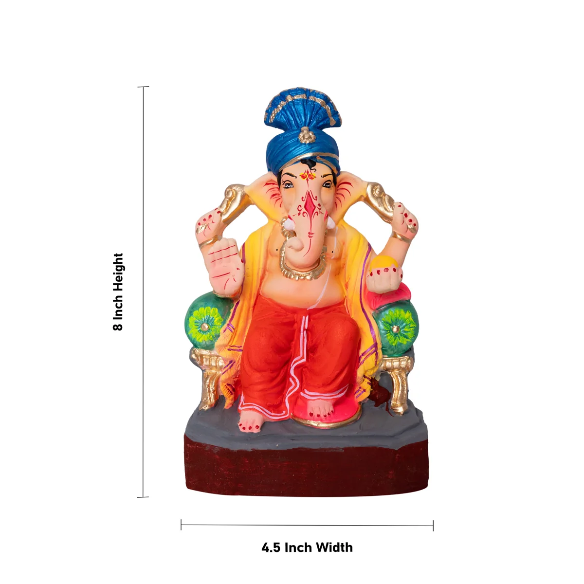 Sitting Ganesh Murti- 8 x 4.5 Inches | Clay Sculpture/ Vinayaka Statue With Turban/ Ganapati Chaturthi - Image 4