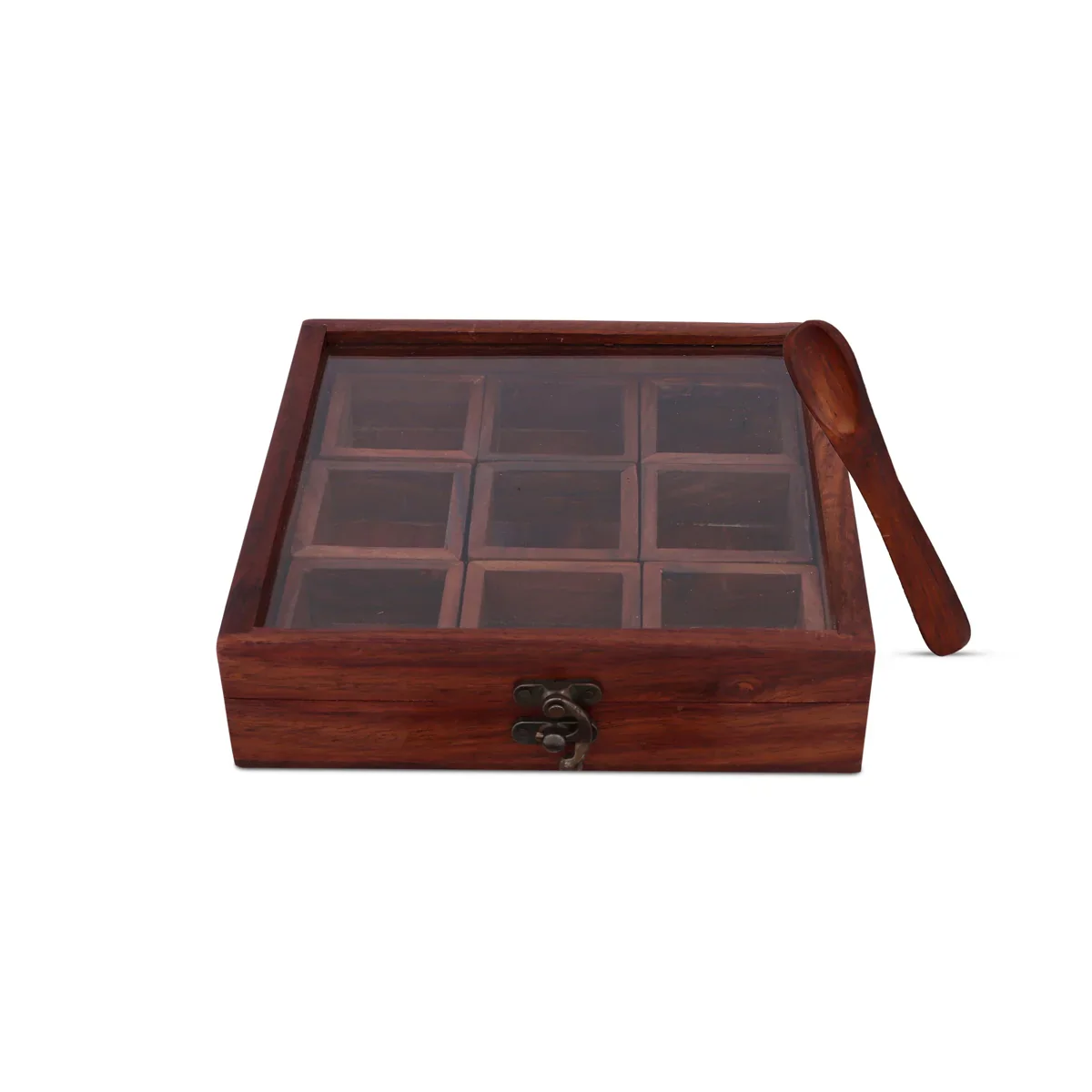 Spice Box With Spoon - 2 x 8 Inches | Wooden Box/ Masala Dabba with Spoon/ Glass Storage Box for Home - Image 4