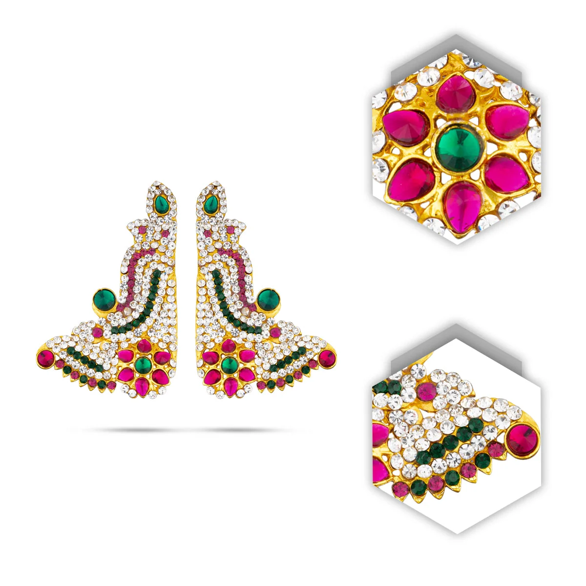 Stone Earring Pair - 3 X 2 Inches | Multicolour Stone Karna Pathakam/ Studs Earring For Deity Decor - Image 2