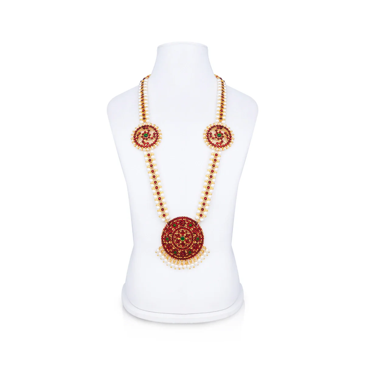 Stone Haram - 11 x 3 Inches | Kemp Bharatanatyam Jewellery/ White Beads Design Artificial Jewelry for Women - Image 2