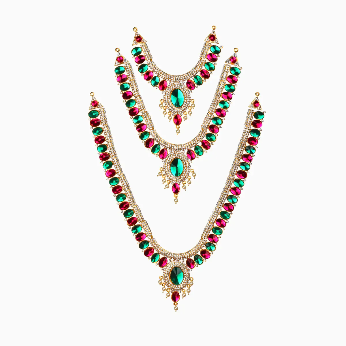 Stone Haram - 13 Inches | 3 Step Necklace/ Multicolour Stone Jewelry/ Artificial Jewellery For Deity Decor - Image 2