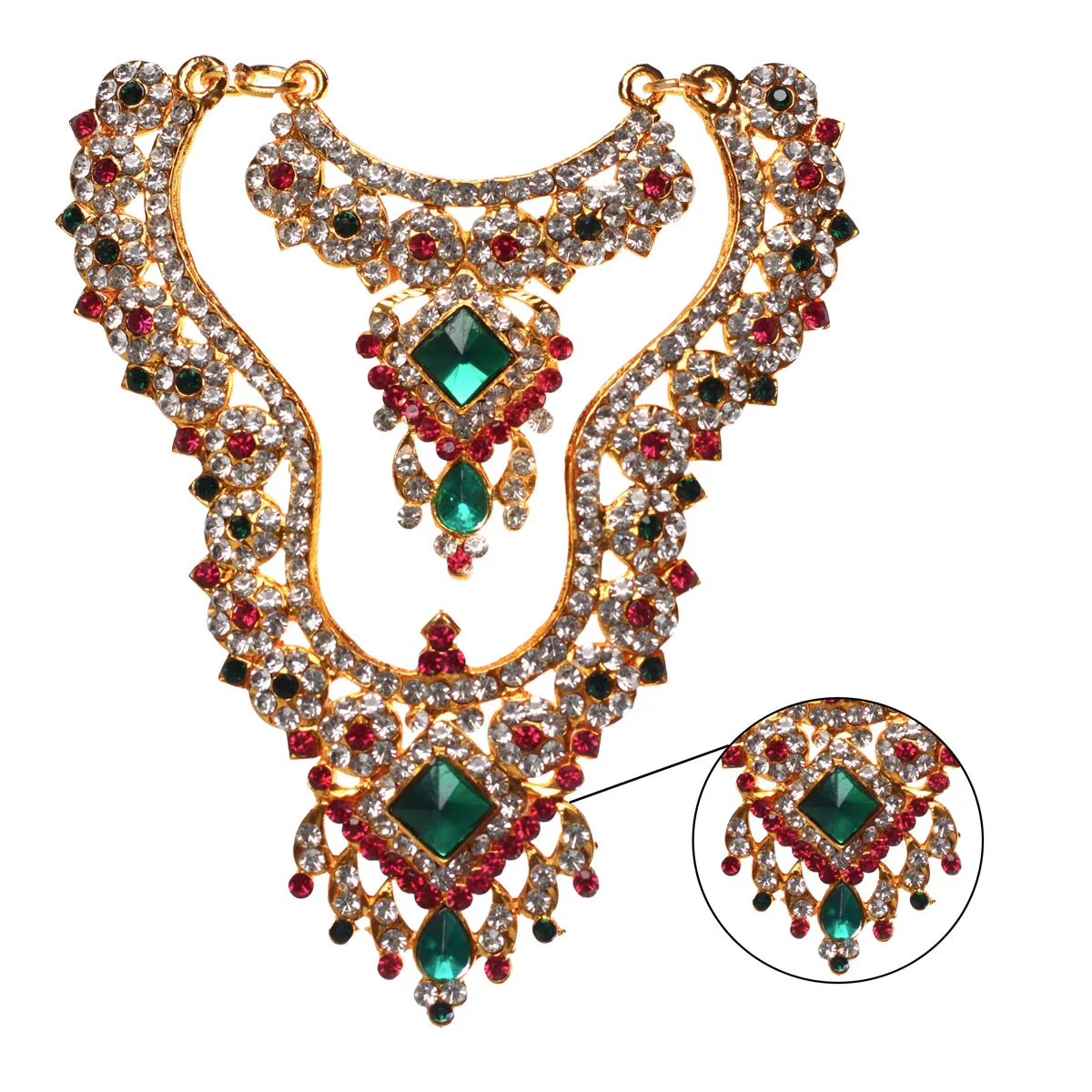 Stone Haram And Necklace - 5 X 3.5 Inches | 2 Line Artificial Jewellery/ Multicolour Stone Jewelry For Deity - Image 2