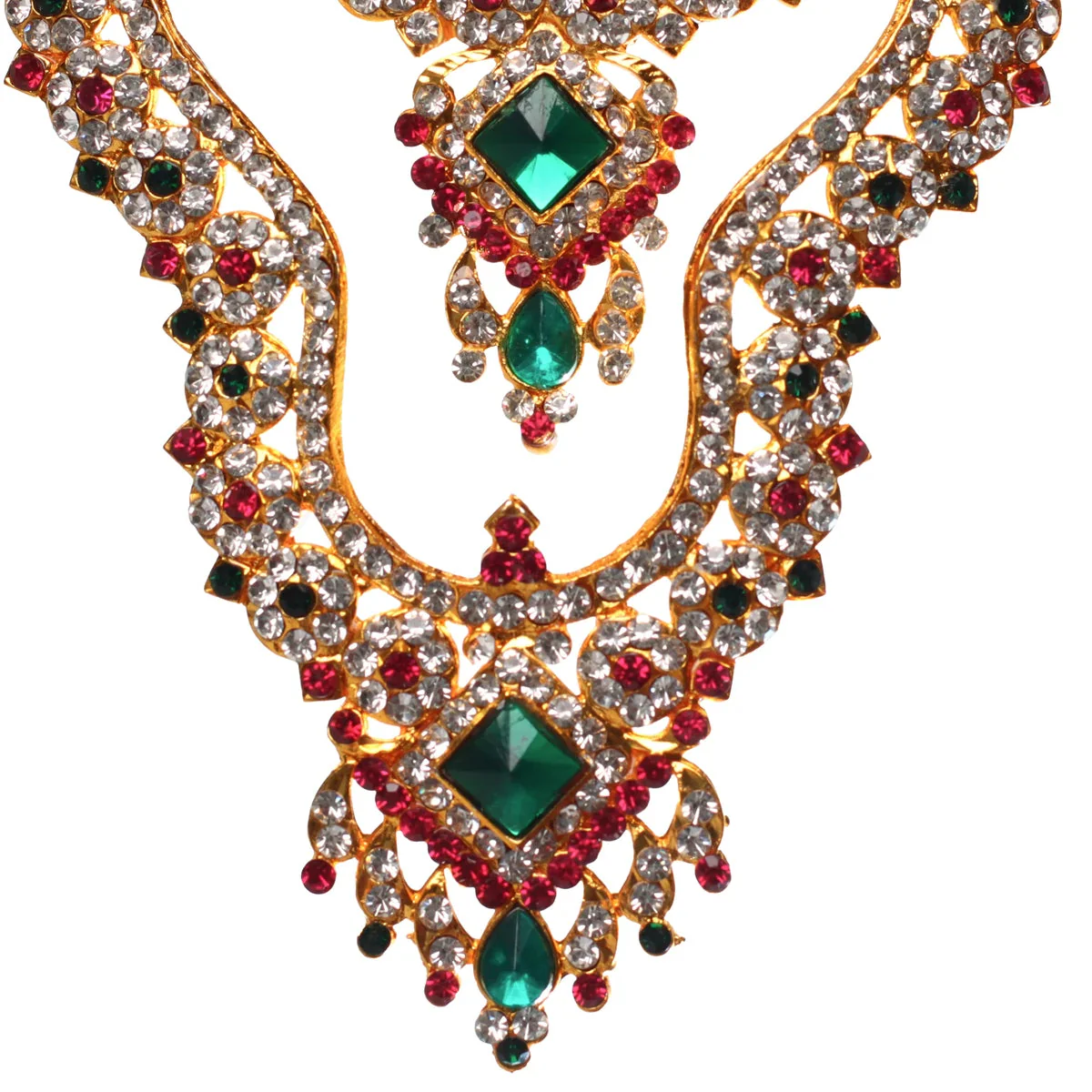 Stone Haram And Necklace - 5 X 3.5 Inches | 2 Line Artificial Jewellery/ Multicolour Stone Jewelry For Deity - Image 3