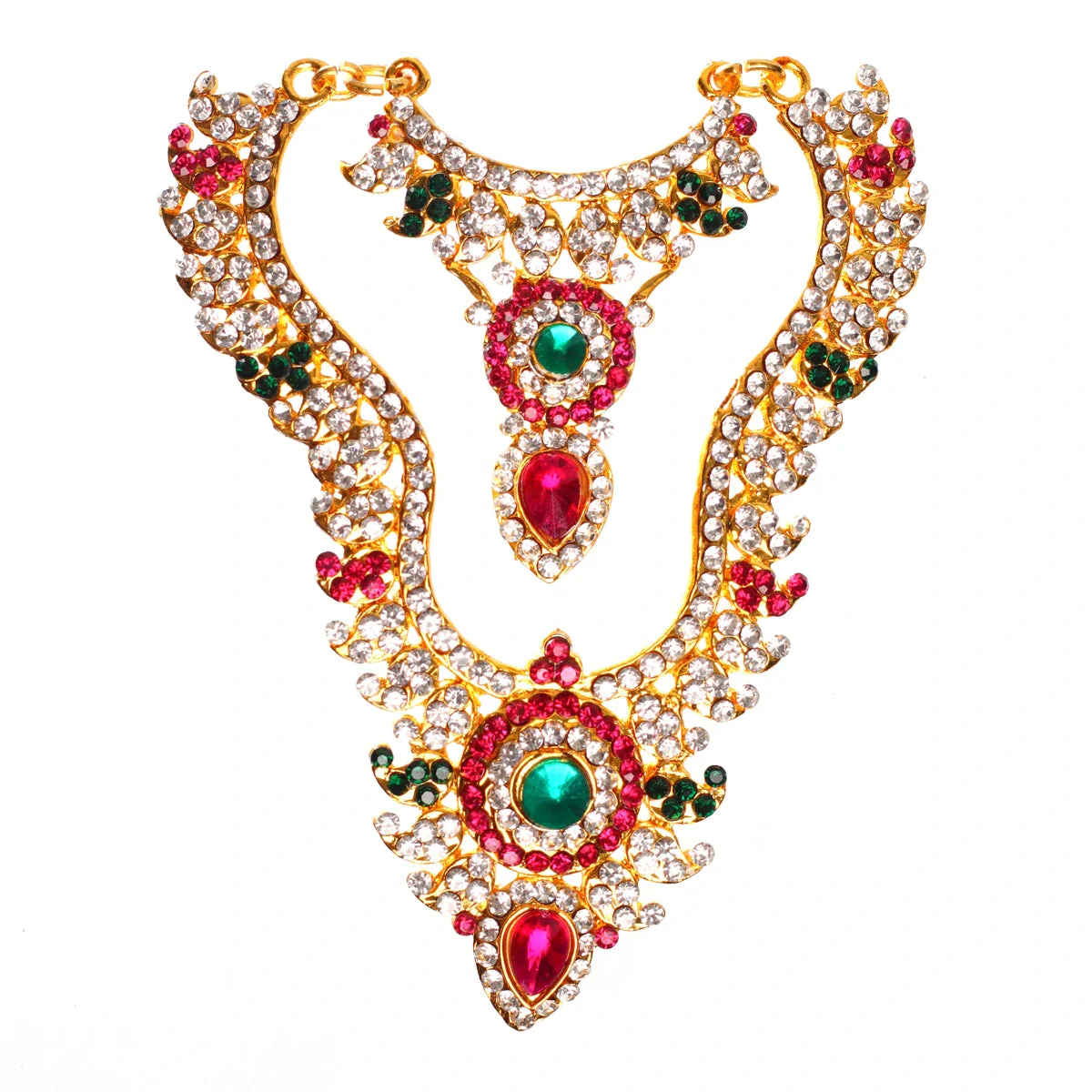 Stone Haram And Necklace - 5 X 3 Inches | Mango Design Artificial Jewellery/ 2 Line Multicolour Stone Jewelry For Deity - Image 4
